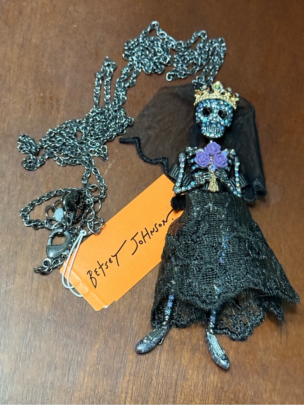 Betsey Johnson Black Skeleton Bride Necklace with Purple Roses and Gold Crown